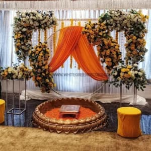 Royal Marigold & Ivory Floral Haldi Setup
