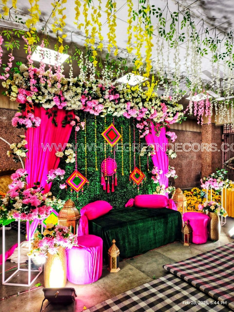 Luxury Pink & Green Mehndi Decoration Setup with Floral Frame