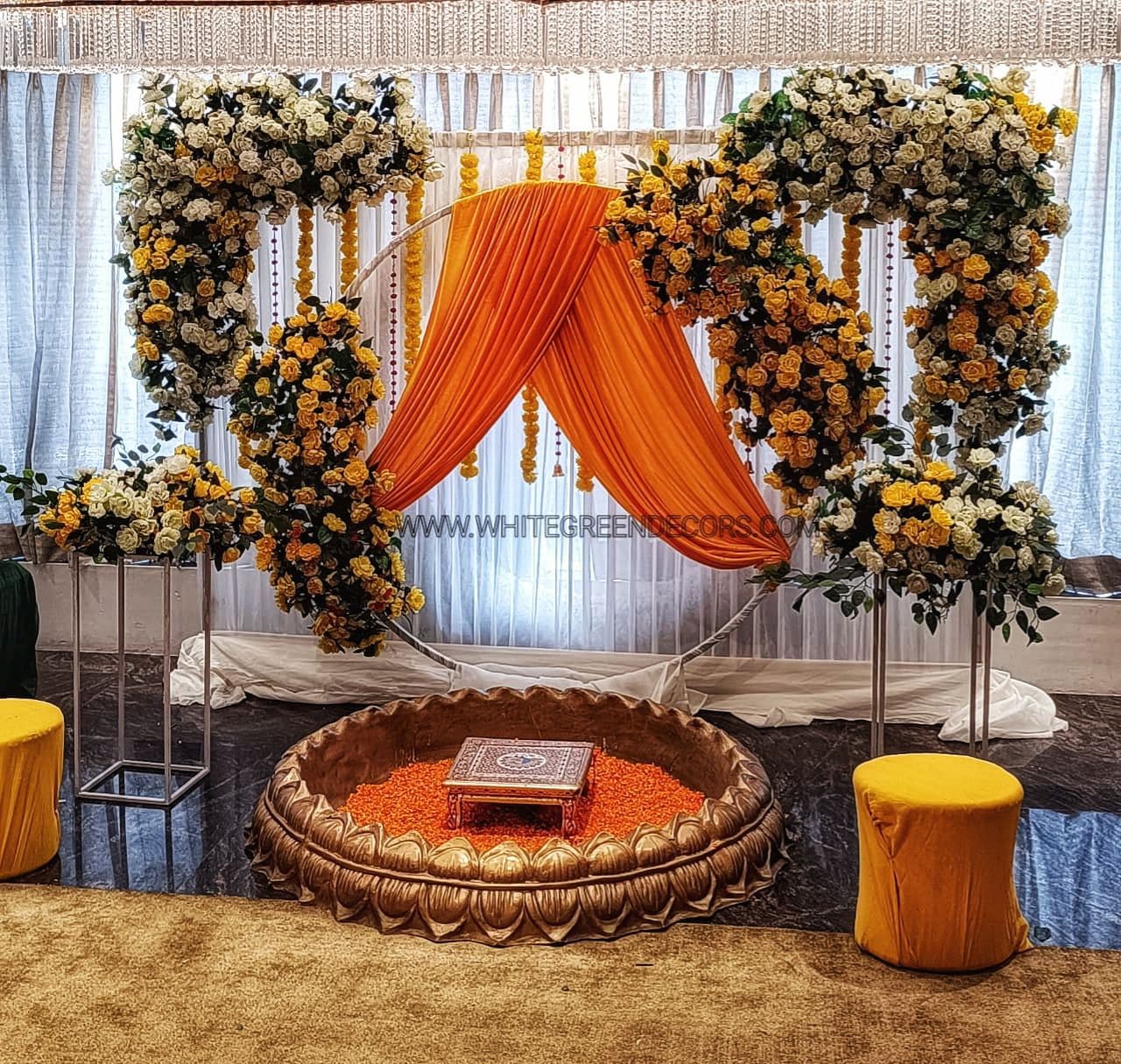 Royal Marigold & Ivory Floral Haldi Setup