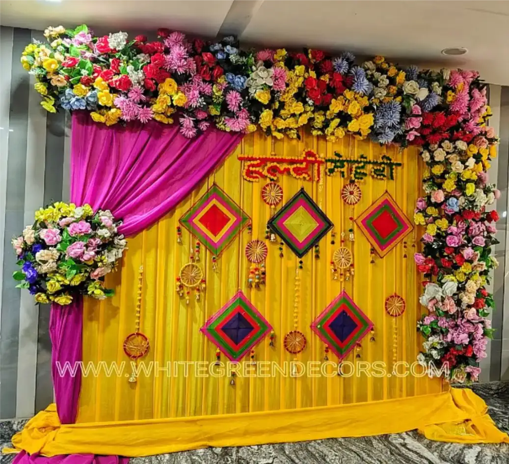 Traditional Haldi Mehndi Floral Backdrop Decoration Setup