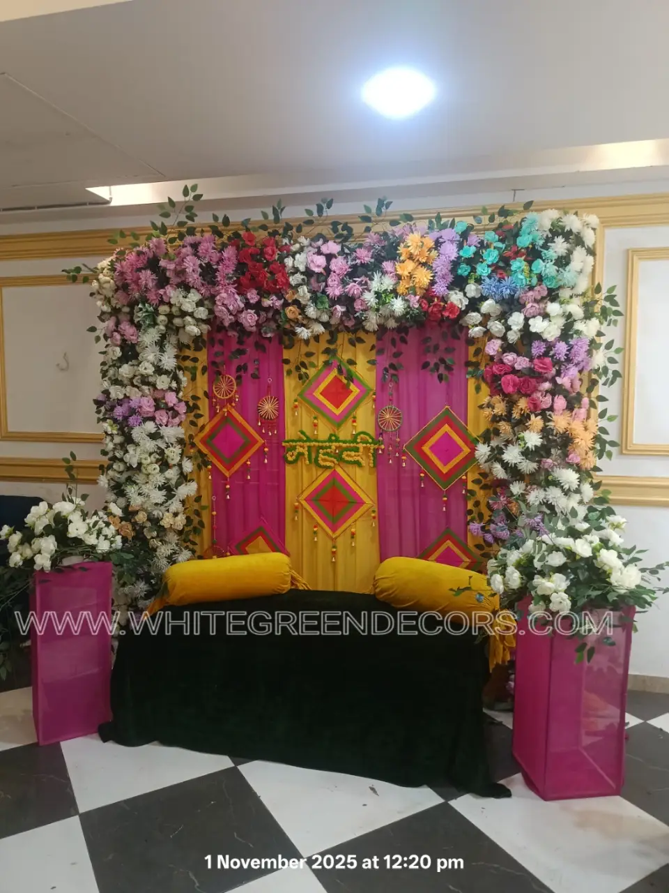 Premium Floral Mehndi Decoration Setup with Vibrant Backdrop
