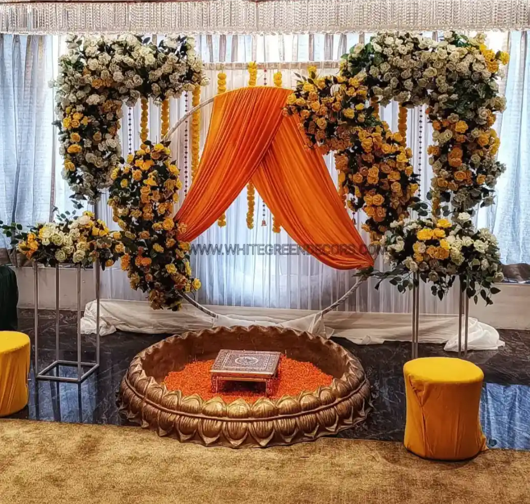 Royal Marigold & Ivory Floral Haldi Setup